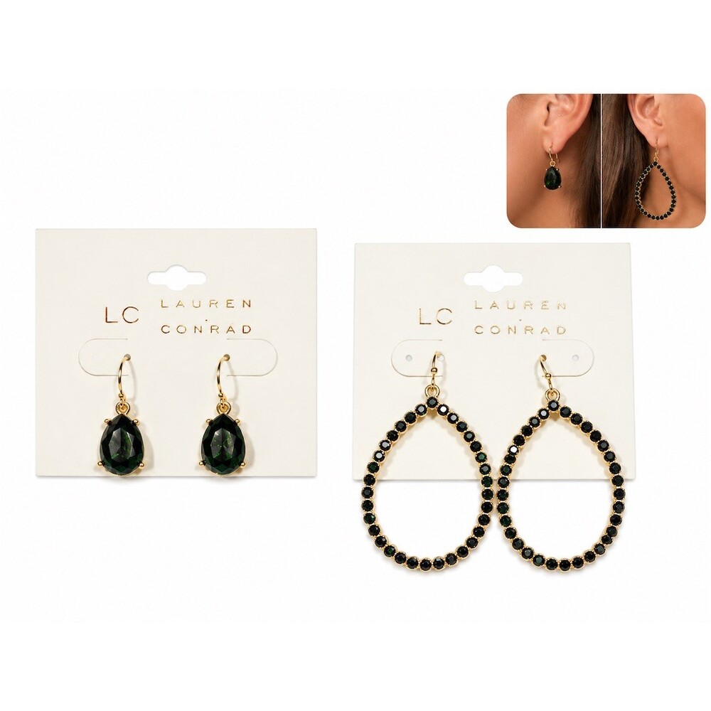 2 pairs LC Lauren Conrad Earrings Lot Green CZ Teardrop Dangle Hoop cute preppy